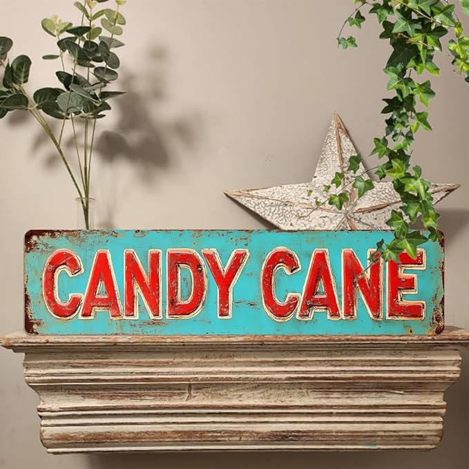 Vintage Style Christmas Street Decor 'Candy Cane' Metal Sign, 16x4 Inch - Distressed Finish Decorative Sign For Home, Porch, Garden, Garage, Cafe Wall/Gate Hanging Plaque, Christmas Decor