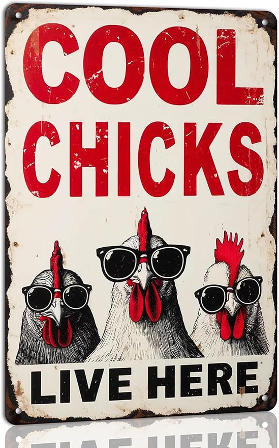 Cool Chicks Live Here Metal Tin Sign for Home Farmhouse Chicken Coop Home Kitchen Wall Decoration Chicken Coop Accessories Decor Wall Art 8x12 Inch