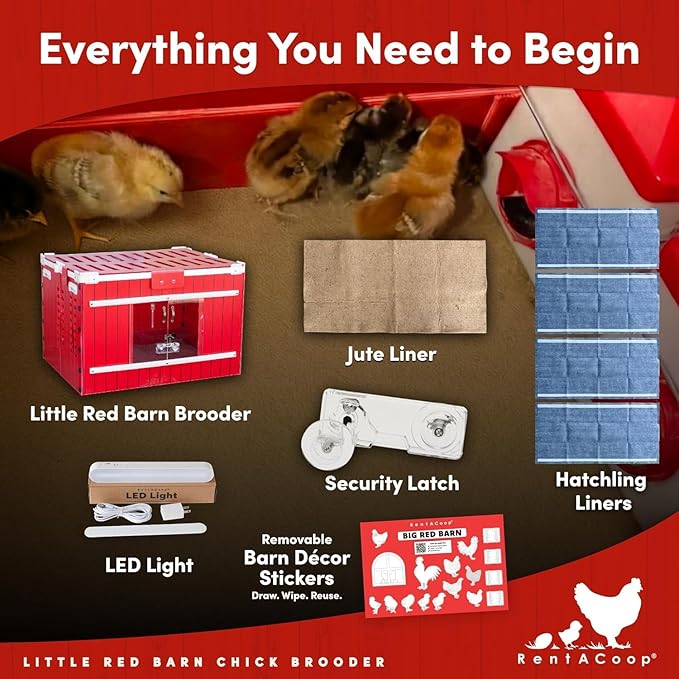 RentACoop Little Red Barn Chick Brooder | Durable, Lightweight, Easy-Clean, Multipurpose | with Absorbent Hatchling Liners, Jute Liners, LED Light, Security Latch
