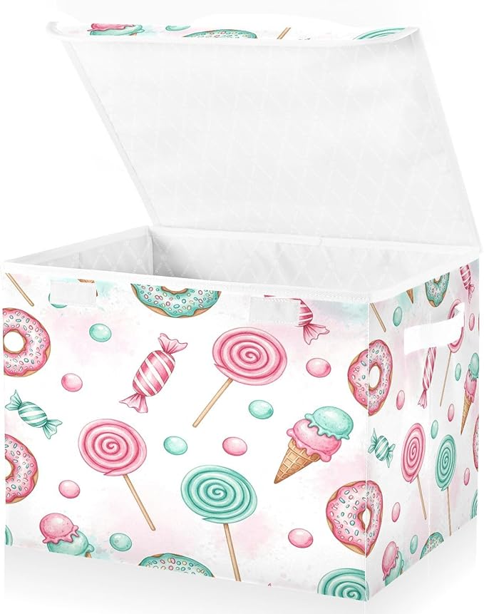 Candy Donuts Lollipops Storage Bins with LidsIce Cream Sweets Foldable Storage Basket with Handles Collapsible Large Fabric Organizer Containers for Clothes Shelves Closet Office Home