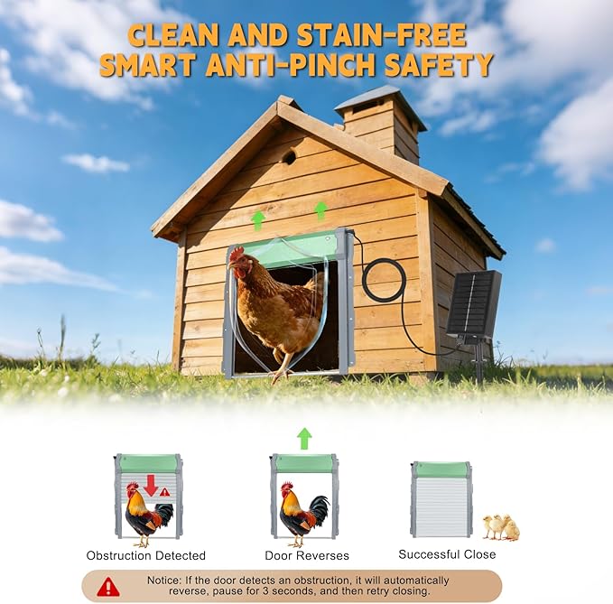 Automatic Chicken Coop Door, Solar Powered Chicken Coop Door with Timer & Light Sensor, Anti-Pinch Function, 4 Modes, Remote Control, IP65 Weatherproof for All Seasons