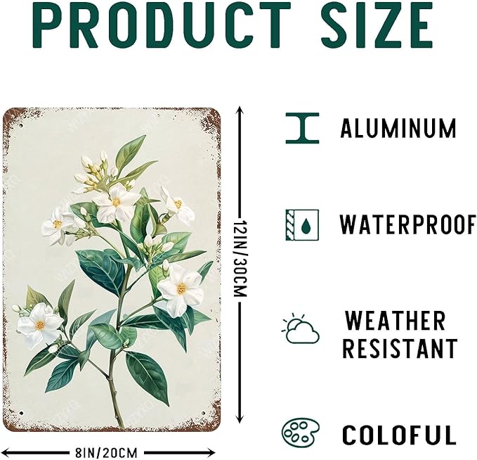 Flowers Metal Signs Jasmine Sign Vintage Tin Sign Retro Wall Art Decor for Living Room Bedroom Garden Yard Shop Bar 8×12 Inches