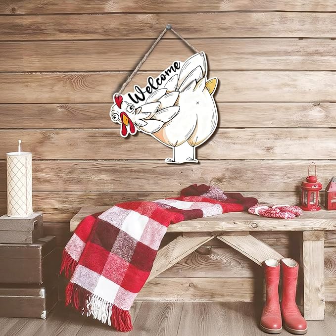 Farmhouse Wall Decor, Funny Chicken Welcome Sign, Cartoon Painting Style Farm Animal Wood Hanging Plaque, Rustic Country Wall Art for Kitchen Porch Patio or Coop Door, 9.8x10.1 Inches