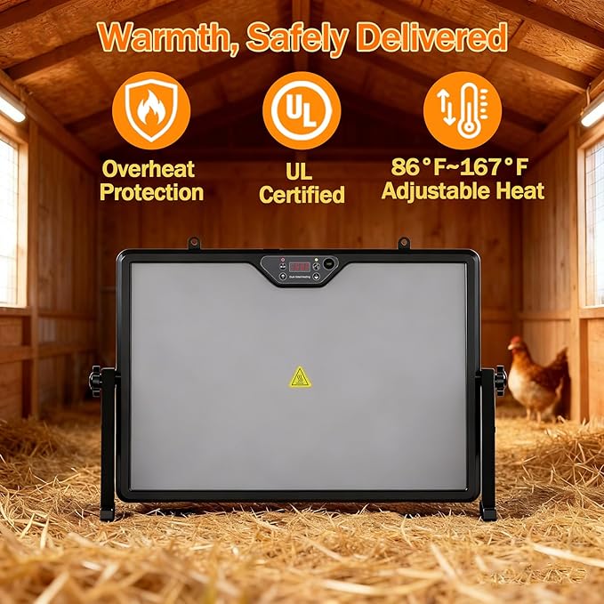 Smart Chick Brooder Heater Plate with Adjustable Temperature (86–167°F) & 0–12H Timer, Built-in Temperature Sensor, 12"x16" Dual-Sided Brooder Plate for Chicks, Remote Control & Adjustable Angle