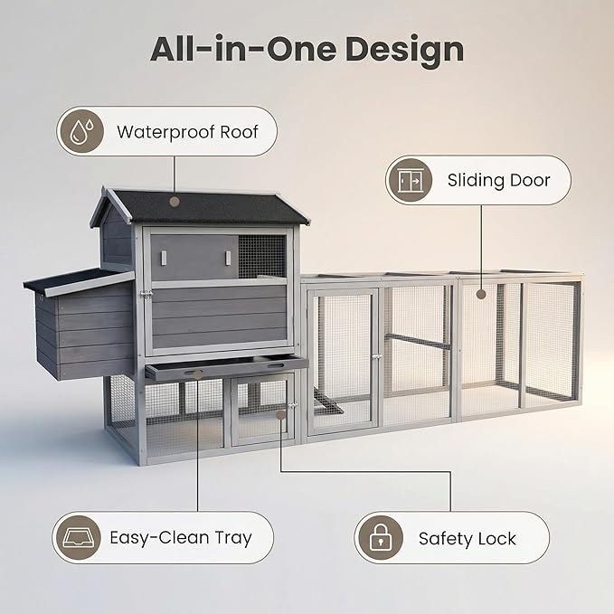 Large Wooden Chicken Coop with Outdoor Run & Nesting Box, Fir Wood Poultry Cage for 2-4 Hens, Waterproof Anti-UV Hen House, Predator-Proof Rabbit Hutch for Backyard & Garden