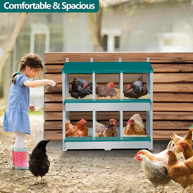Rustproof Galvanized Steel Build - Chicken Nesting Box for Small Animals - 6 Compartments, Large Vented Holes, Easy Clean, Secure Egg Collection, Wall-Mounted - Green, 6 Compartments ZW