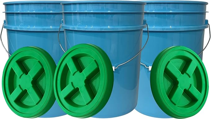 House Naturals 5 Gallon Food Grade Plastic Bucket with Screw on Air Tight Lid, Made in USA pails (Pack of 3) (Light Blue- Green Lids)