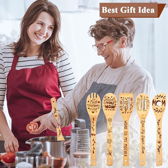 Mothers Day Gifts for Mom from Daughter Son Cooking Spoon,Engraved Bamboo Kitchen Cooking Utensils Set Gifts,Wooden Birthday Gifts for Mom Mother in Law Step Mama,I Love You Mom Gifts