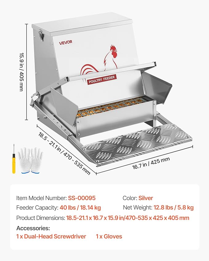 VEVOR Automatic Chicken Feeder, 40 lbs Capacity, Rainproof Treadle Poultry Feeder with Lockable Lid, No Waste, Galvanized Steel Construction, Outdoor Use, for Chicken, Bantams, Poultry, Pheasants
