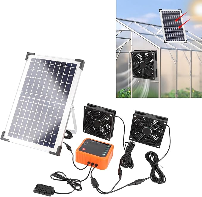 10W Solar Powered Fan, Solar Panel 2 Fan Kit with 4400mAh Battery and Controller, Solar Exhaust Dual Ventilation Fans for Shed Chicken Coop Greenhouse Outdoor