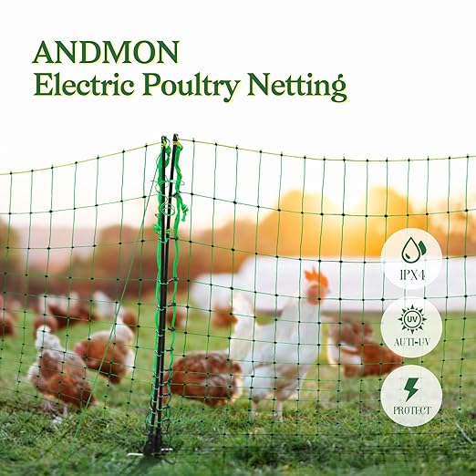 ANDMON Electric Poultry Netting, 48" x 164' Electric Fence Netting with Double Spiked Fiberglass Posts, Electric Chicken Fence for Poultry in Backyards, Homesteads, Farms and Ranches
