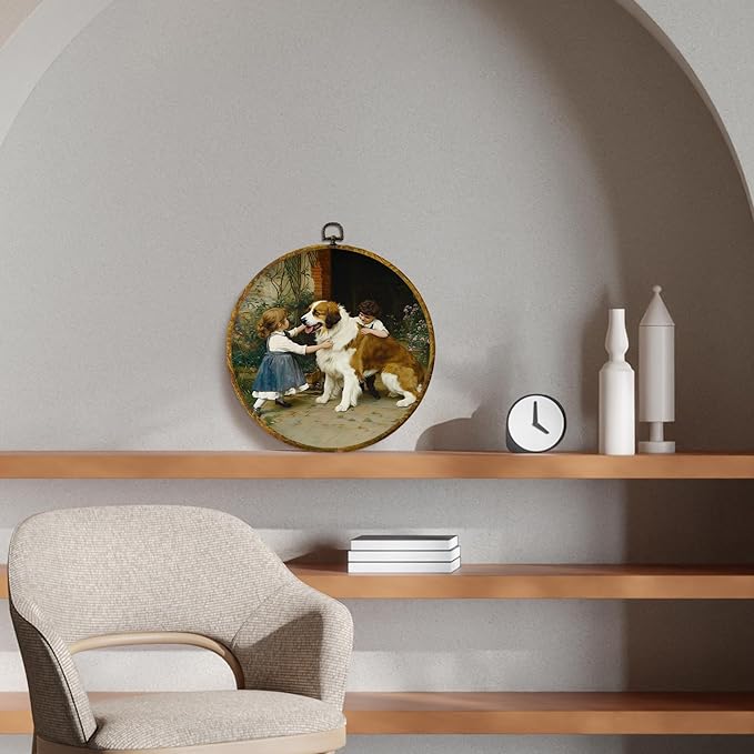 CUANFDDSF Vintage Saint Bernard Round Wall Art, Rustic Farmhouse Framed Hanging Wall Decor, Cottagecore Country Kids Playing with Dog Canvas Prints Decorations for Home Bedroom Room, 10x10 Inch