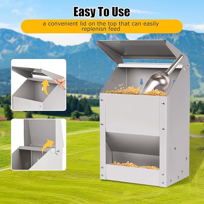 Automatic Chicken Feeder 10lb Metal Chicken Feeders with Lid No Waste Duck Feeder Hanging Chicken Feeder Trough with Scoop for Chickens Ducks Goose Poultry (Small Size)