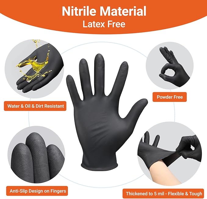100 PCS Disposable Black Nitrile BBQ Gloves Large - 5 Mil for Cooking, Serving, Butcher, Grilling Cooking Accessories Power Latex Free, with 12 Pairs Cotton Glove Liners Men & Women