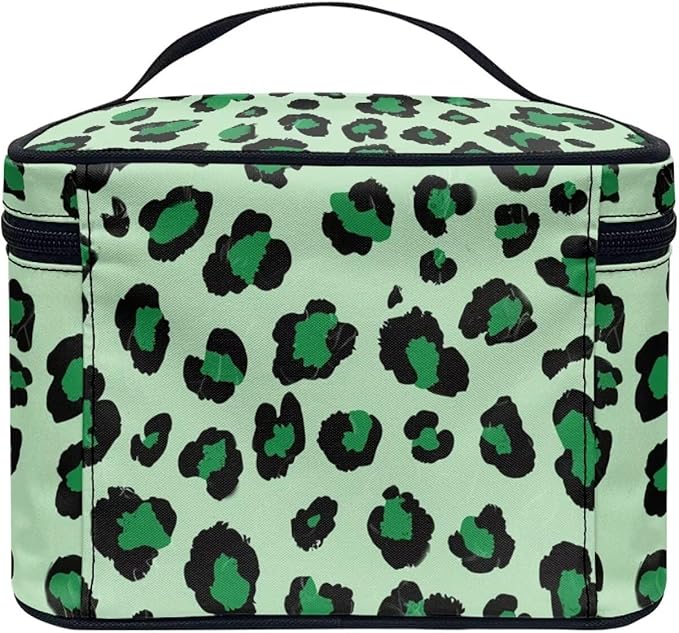Travel Makeup Bags for Women Portable Tote Cosmetic Case with Carry Handle Toiletry Accessories Storage Organizer Bags, Leopard Green