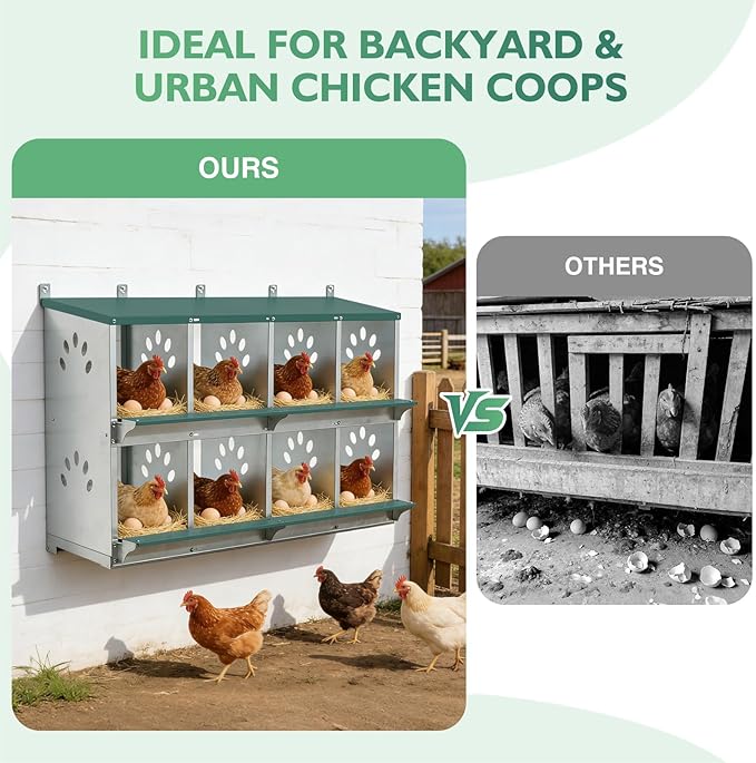 EAGLE PEAK 8-Hole Wall Mounted Chicken Nesting Box, Roll Away Hen Laying Box with Sloped Roof & Easy Clean Tray, Galvanized Steel for Backyard Chicken Coops (Green)