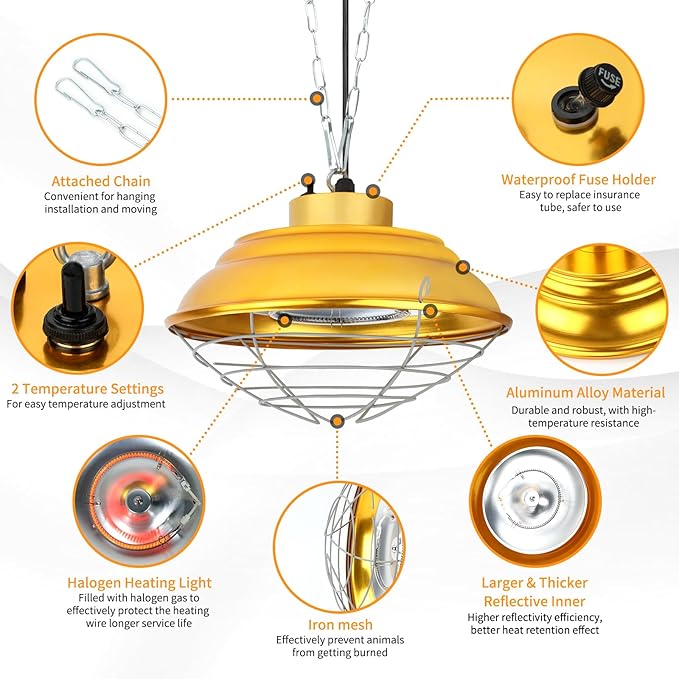 600W Chicken Coop Heaters Lamp, Waterproof Heat Lamp for Chickens with 2-Stage, Brooder Heater for Chicks with Chain for Indoor & Outdoor Use Heating Lamps for Chicken Livestock Dog Sheep Pet