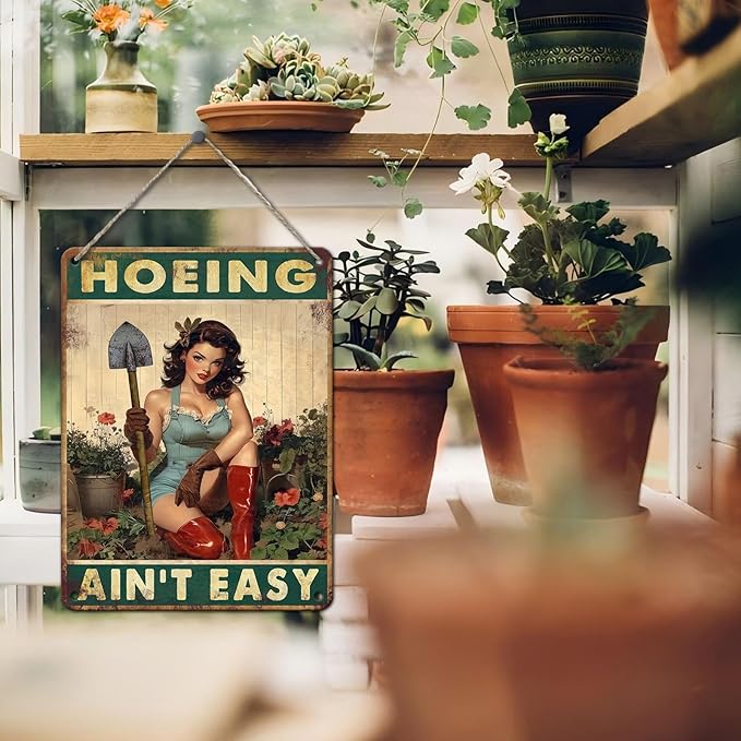 PEACHGARDEN Hoeing Ain't Easy Vintage Garden Signs for Outside Retro Rustic Aluminum Tin Poster Funny Gardening Gift for Women Outdoor Wall Art Decor for Plant & Gardening Lovers 12x16inch