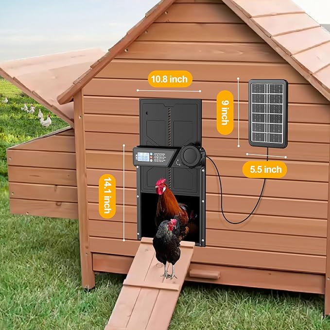 Automatic Chicken Coop Door Solar Powered, LCD Display Automatic Chicken Coop Door with Timer, Waterproof Aluminum Alloy Chicken Door with Remote Control, Charge with Solar Panel & USB