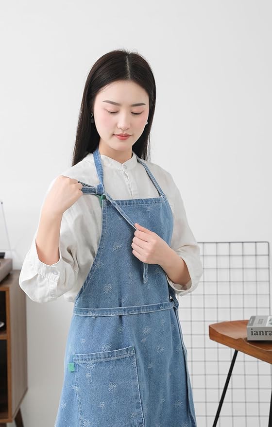 Cotton Denim Apron Soft - Unisex Adjustable Bib Apron with 5-Pockets Perfect for Kitchens