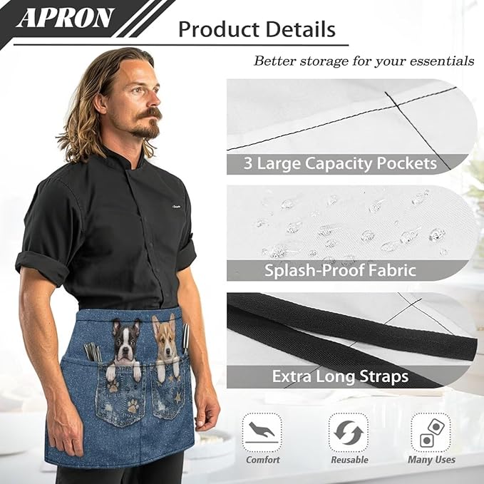 Waist Apron with 3 Pockets Waterproof 13 Inch Short Half Waist Aprons Women Men Server Aprons Waitress Waiter Apron
