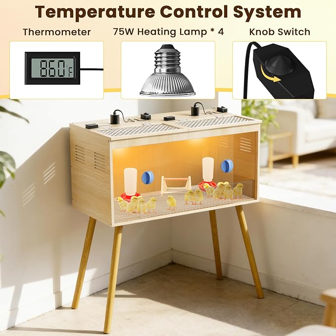 Brooder Box for Chicks, 32 Inch Wooden Large Chicken Brooder Box with 75W Heat Lamps, Thermometer, Chicken Feeder, Waterer Set, Tin Foil, Breeding Kit for 12-15 Chicks Ducks Quail with Legs