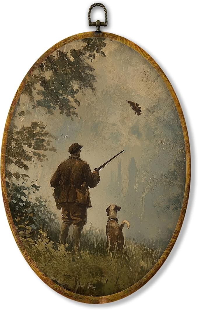 Hiuwevt Vintage Rustic Farmhouse Oval Wall Art Decor, Country Hunting Framed Canvas Prints, Moody Forest Hunter and Dog Oval Wall Hanging Decor for Bedroom Living Room Decorations, 8.6x11.4 Inches