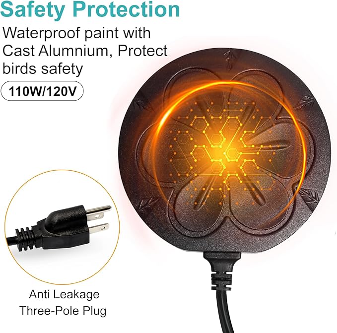 110W Bird Bath Heater for Outdoors in Winter, Submergible Cast Aluminum Chicken Water Heater with Thermostatically Controlled Bird Bath Deicer Pond Deicer for Livestock