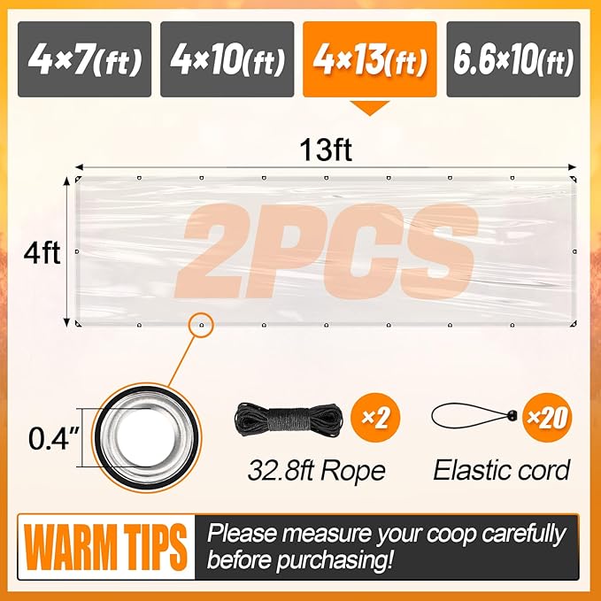 2pcs 4x13ft Chicken Coop Covers Accessories for Winter - Easy to Install Waterproof Chicken Run Tarp with Elastic Cords & Ropes
