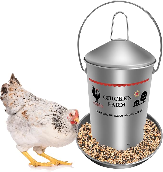 6.6 Lb Stainless Steel Poultry Feeder, Automatic Chicken Feeder No Waste, Hanging Chicken Feeder Heavy Duty Reliable Long-Lasting with Handle, Top Filled