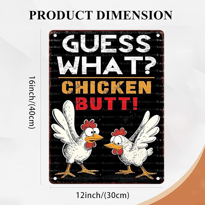 Chicken Lover Guess What Chicken Butt Metal Tin Sign Rustic Wall Decor Farmhouse Kitchen Art 12X16Inch
