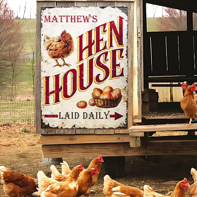 Personalized Fluffy Butt Hut Chicken Coop Sign, Custom Farmhouse Metal Sign with Spoiled Hens Wall Art, Funny Backyard Chicken Decor for Coop, Barn, Farm, Rustic Vintage Style DS1