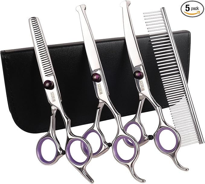 Professional Dog Grooming Scissors with Safety Round Tips, 5 in 1 Dog Grooming Scissors Kit, 4CR Stainless Steel Professional Pet Shears for Dog, Sharp and Durable, Blue