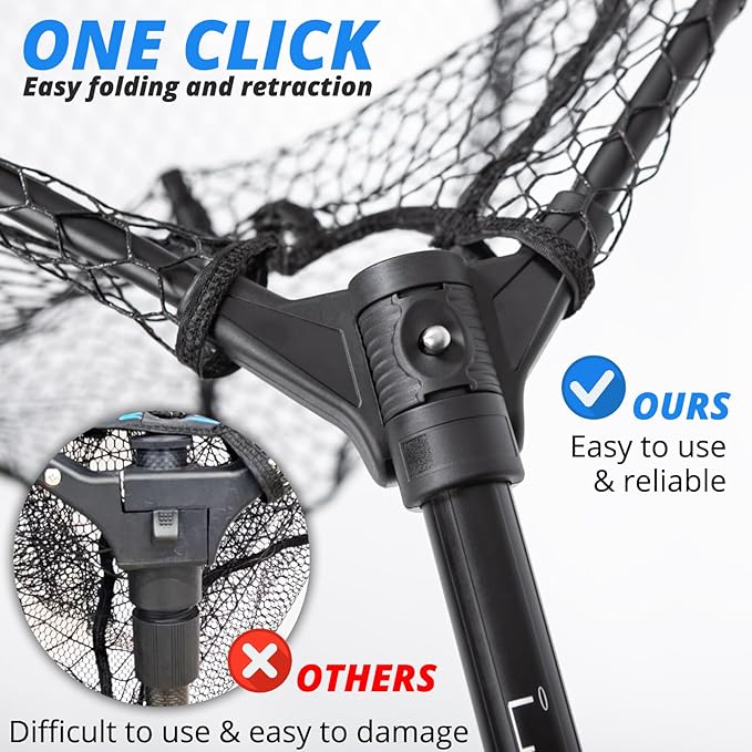 Large Telescoping Fishing Net, Folding Landing Net with Long Handle, Rubber Netting, Lightweight, Length 56″-75″, Hoop Size 20″ x 19″, Depth 20″, 25 lbs. Capacity