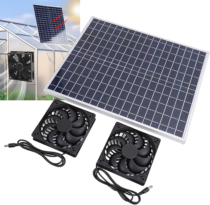 22W Solar Panel Double Exhaust Fan Kit, Solar Ventilation System for Chicken Coop Dog House Greenhouse Shed RV