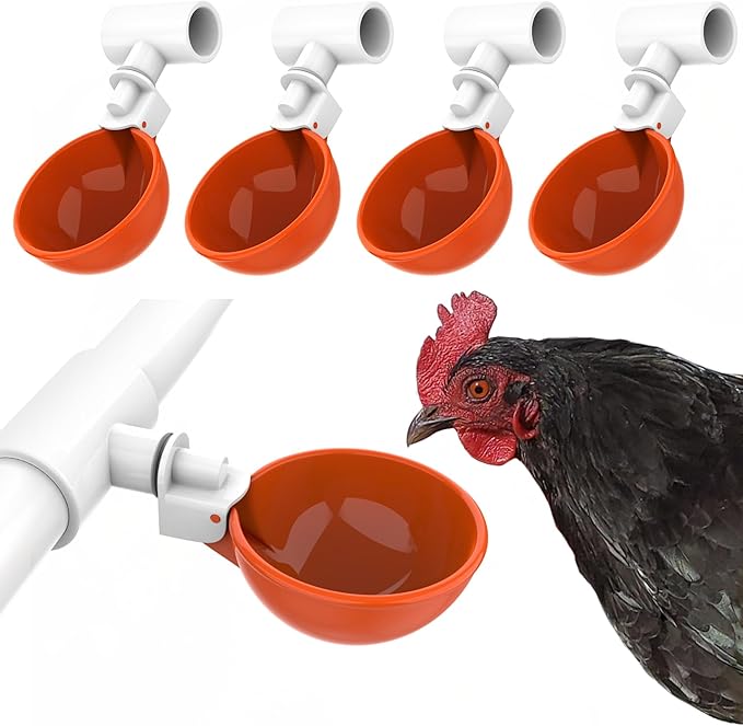 Lil'Clucker Large Automatic Chicken Waterer Cups with 1/2" PVC Tee Fittings - Chicken Water Cups, Chicken Water Feeder, for Chicks, Duck, Goose, Turkey - Poultry Waterer Feeder Kit (Orange, 5-Pack)