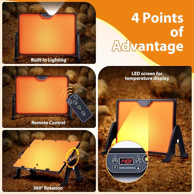 New Smart coop Heater with Remote Control, Built-in Adaptive Temperature Sensor, Adjustable Temperature, brooder Heating Panels with Timer and Lighting, brooder Panels to Keep Poultry Warm