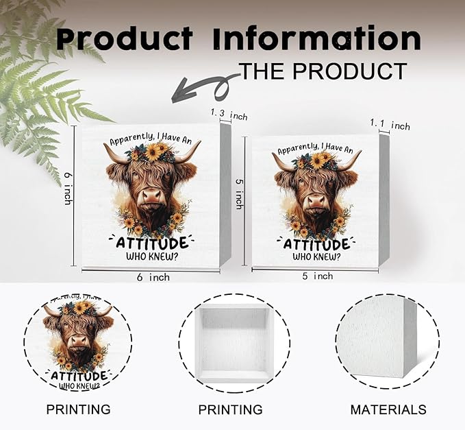 Highland Cow Sign, Farm Cottagecore Animal Office Kitchen Bedroom Decor, Apparently I Have an Attitude Who Knew Wooden Box Signs, Apparently Highland Cow Gifts for Women Men 6x6 in Decorative Signs & Plaques