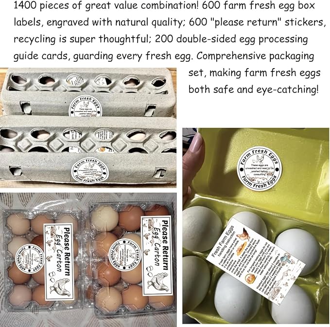 1400 Pcs Egg Stickers Kit for Farm Fresh Eggs 200 Egg Handling Instructions Stickers 600 Farm Fresh Eggs Stickers 600 Please Return Egg Carton Stickers for Egg Sellers Farmers Market Local Egg Dealer