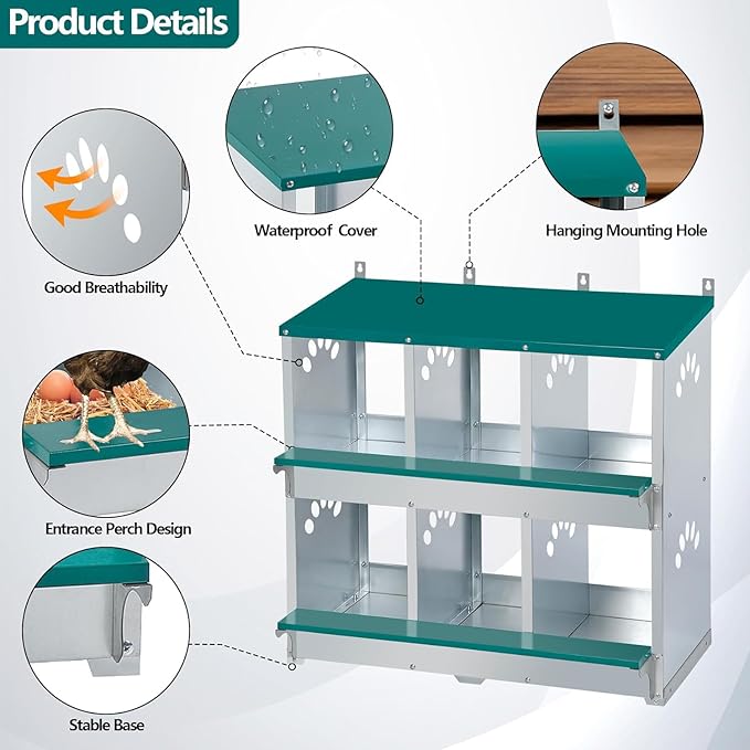 Chicken Nesting Box, 6 Compartment Metal Nesting Box, 6 Room Wall Mountable Nesting Boxes for Chicken, Green