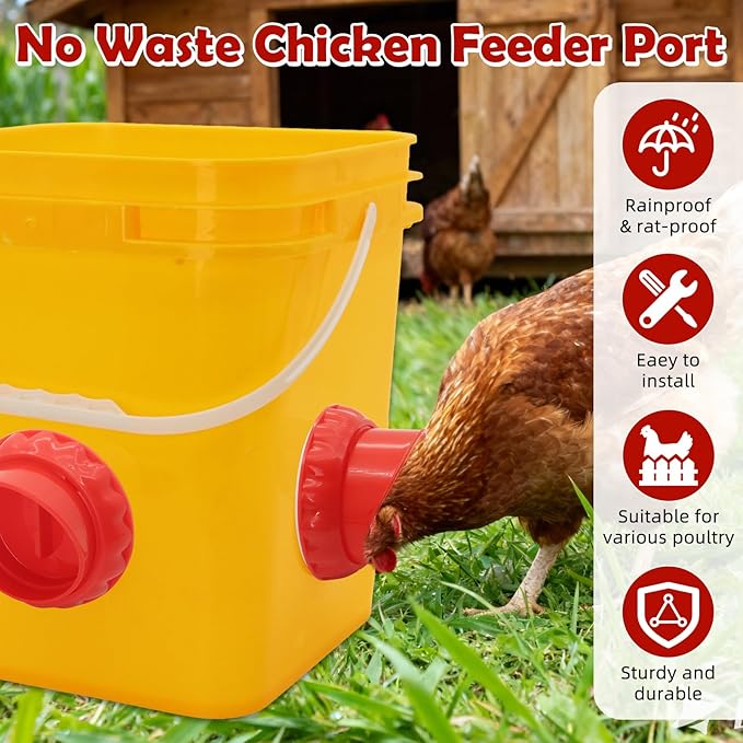 Chicken Feeders No Waste, DIY Automatic Poultry Feeder 8 Ports 1 Hole Saw with Covers Gravity Feed Kit for Buckets Barrels Bins Troughs (Red)