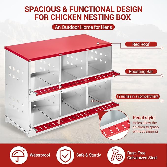 Heavy Duty Metal Chicken Nesting Box – 6 Compartments, Roll-Away Egg Tray, Vented Design, Pull-Out Cleaning Tray, Swing Perch, Wall Mount, Without Cover-Red, 96×48×71cm