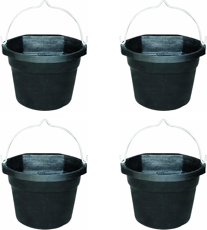 Farm Innovators Rubber 3 Gallon Flat Back Heated Bucket with Metal Handle, Built in Thermostat, and Concealed Heating Element, 70 Watt (4 Pack)