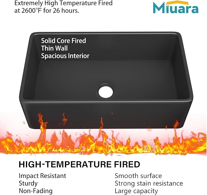 Miuara Black Farmhouse Sink 30 Inch - Apron Front Undermount Kitchen Sink Reversible 30"x18"x10", Farm House Style Single Bowl, Heavy Duty Solid Fireclay, Matte Black, for Kitchen