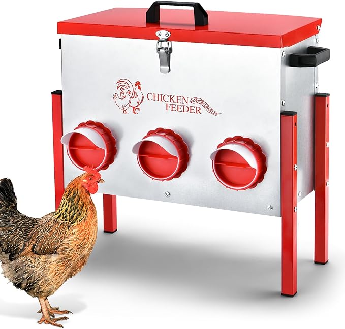 Chicken Feeder, 6 Feeding Ports, 35lbs Capacity Metal Feed Box with Handle and Feeding Lid, Automatic Chicken Feeders No Waste