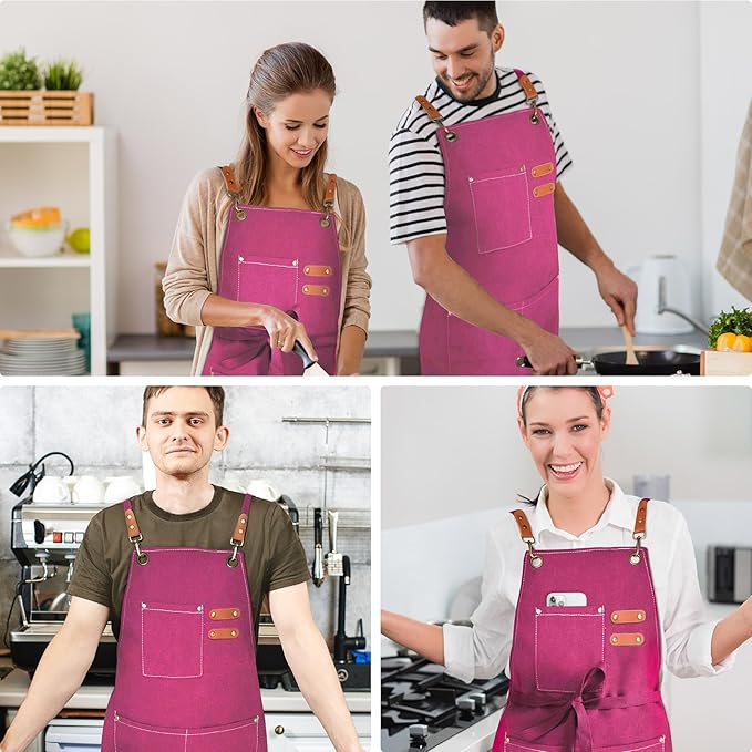 Chef Apron for Men Women Canvas Aprons with 3 Pockets Cross Back Resistant Work Apron for Cooking