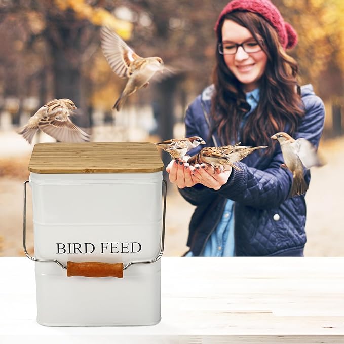 Morezi Bird Treat and Food Storage tin with Wooden lid and Scoop Included - White Powder - Carbon Steel - Birds Food bin - pet Food Container Storage Canister