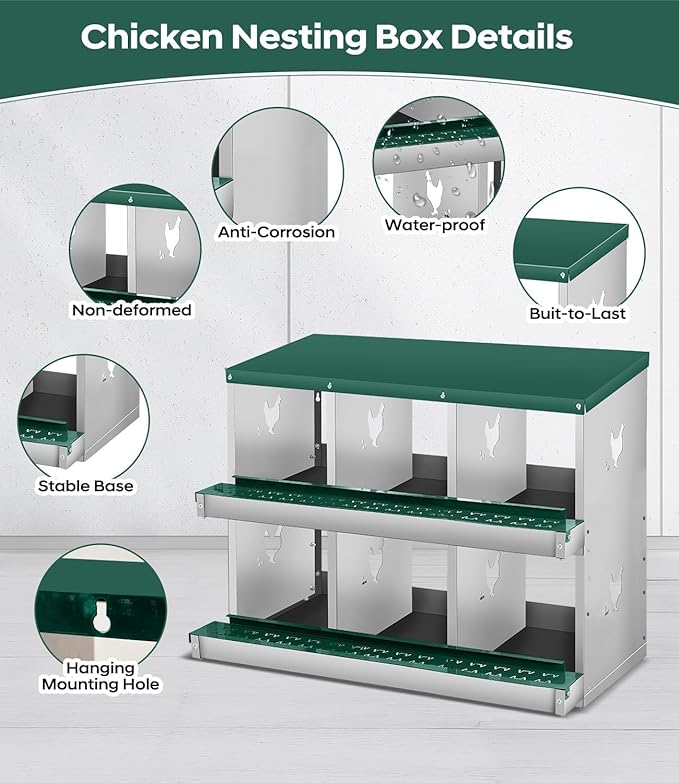 Chicken Nesting Box, 6/8/10 Compartment Metal Nesting Box,Wall Mount Chicken Nesting Boxes for Laying Eggs,Easy Egg Collection,6 Room Nest Boxes for Chickens