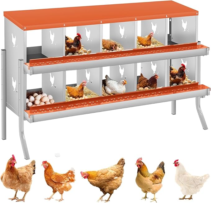 GarveeLife Chicken Nesting Box, 10 Compartments Nesting Box for Chickens, Two-Tier Galvanized Steel Chicken Egg Laying Box with Large Vented Holes Wall Mounting for Easy Egg Collection