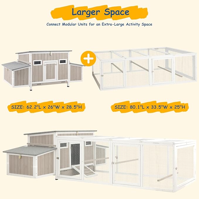Outdoor Wooden Chicken Coop Run Extension with Wire Mesh, Poultry Enclosure Add-On for Hen House, Backyard Chicken and Rabbit Run Pen